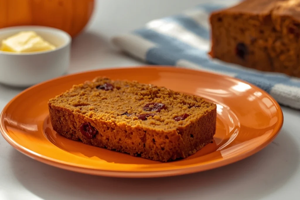 Delicious slice of pumpkin cranberry bread on an orange plate, ready to eat.