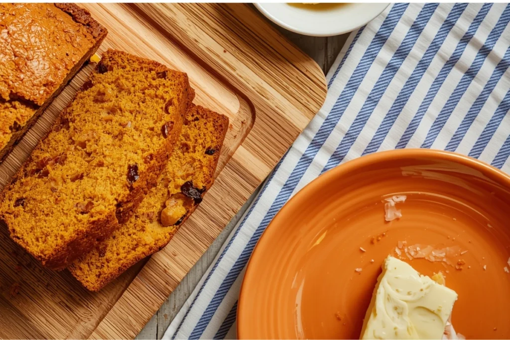 Sliced pumpkin cranberry bread with a whole loaf and butter on a wooden board.