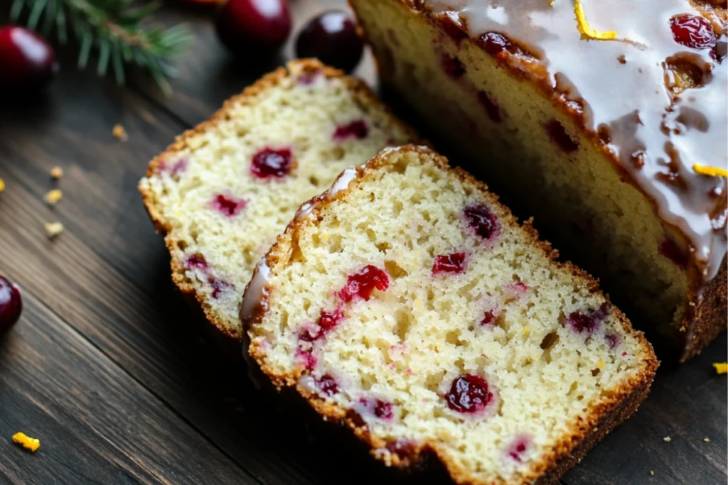 Warm slices of glazed cranberry orange loaf on a dark table with cranberries and zest.