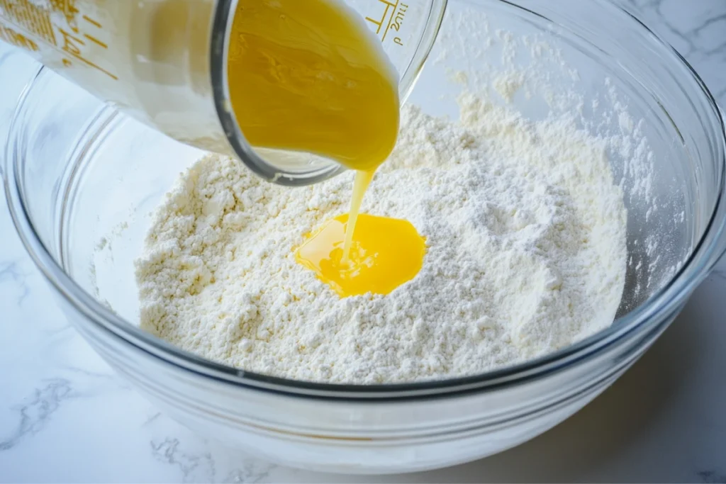 Pouring wet ingredients into dry for the cranberry orange loaf batter.