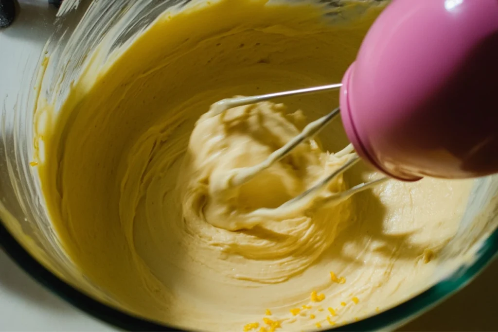 Hand mixer blending cranberry orange loaf batter in a glass bowl.