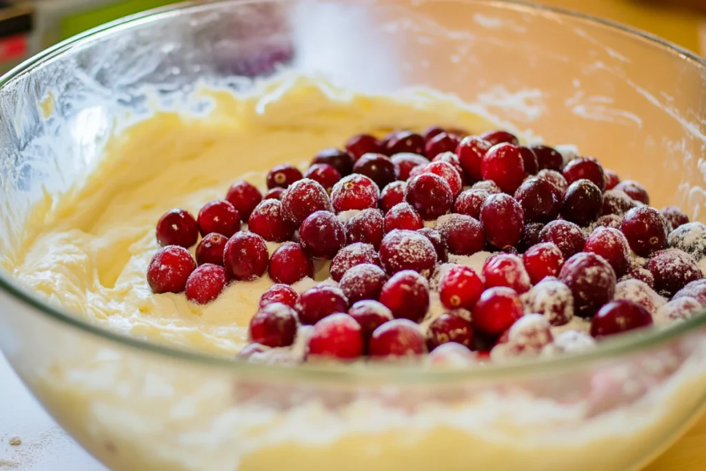 Floured cranberries added to cranberry orange loaf batter in a glass bowl.