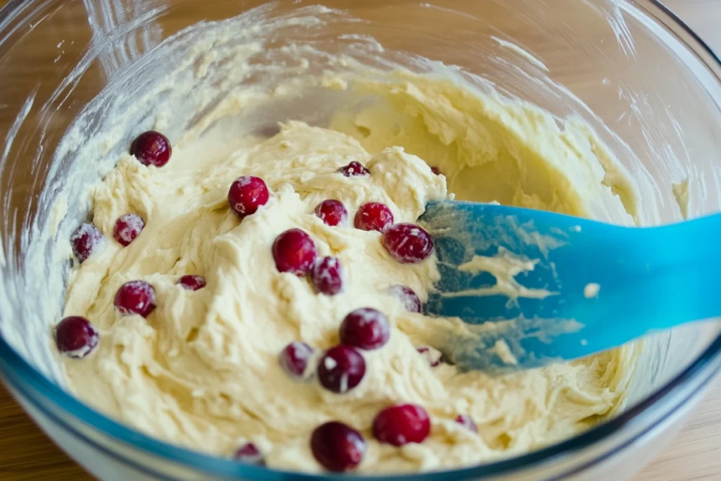 Cranberries gently folded into the cranberry orange loaf batter.