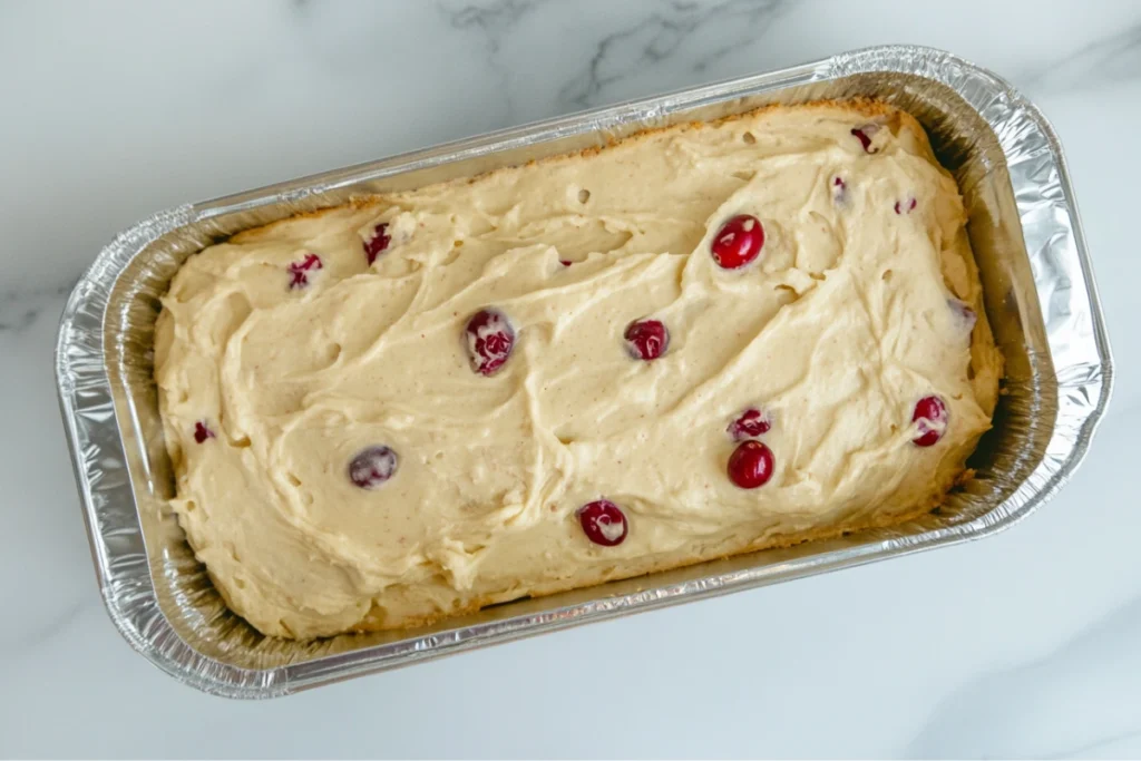 Cranberry orange loaf batter poured into an aluminum loaf pan.