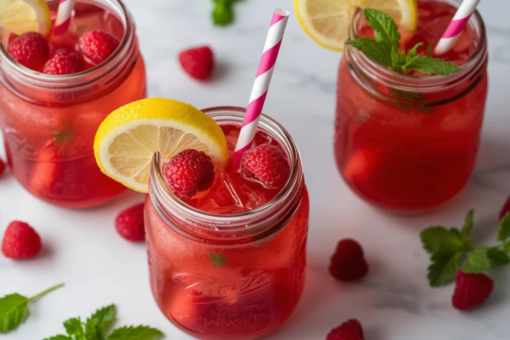 Fresh raspberry lemonade recipe served in three mason jars with raspberries, lemon, and mint.