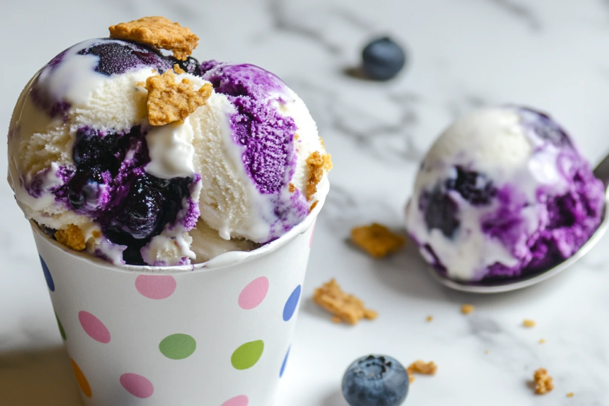 Homemade blueberry ice cream cheesecake scoops in a fun polka-dotted cup with fresh blueberries.