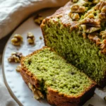 A delicious slice of green matcha avocado bread, showing its moist interior and walnuts, from an avocado with bread recipe.