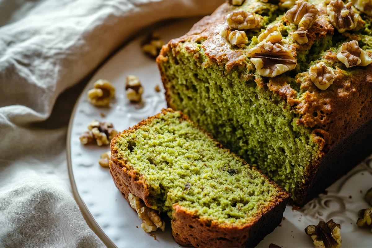 A delicious slice of green matcha avocado bread, showing its moist interior and walnuts, from an avocado with bread recipe.