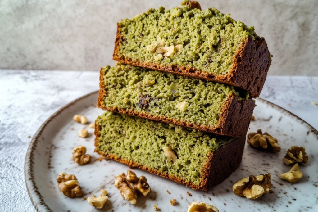 Multiple stacked slices of green matcha avocado bread on a plate, showing texture and walnuts, from an avocado with