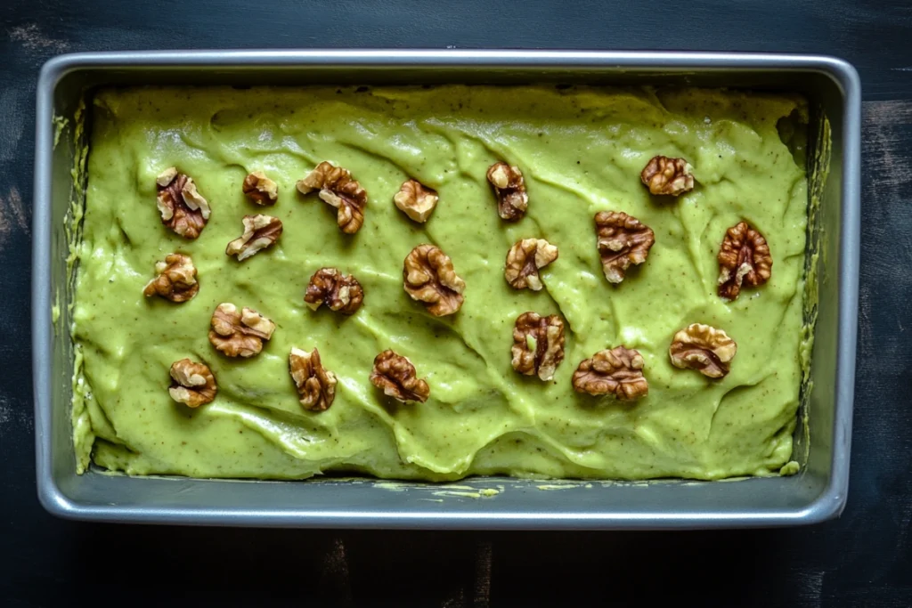 Green avocado bread batter in a metal loaf pan, topped with walnuts, ready for baking, an avocado with bread recipe.