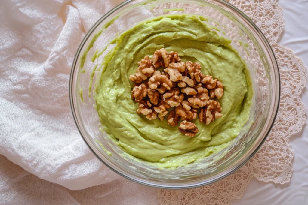 Green avocado bread batter in a bowl, topped with a mound of chopped walnuts, for an avocado with bread recipe.