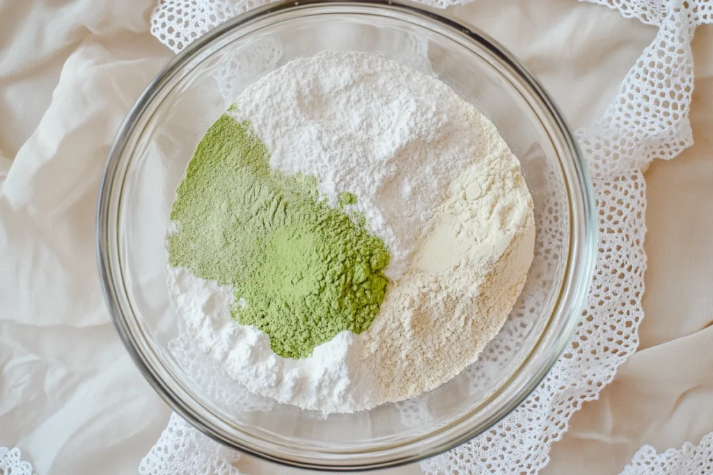 A bowl of dry ingredients, including flour and bright green matcha powder, for an avocado with bread recipe.
