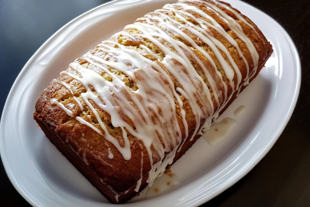Whole loaf of glazed healthy zucchini lemon bread on a white platter, top-down view.
