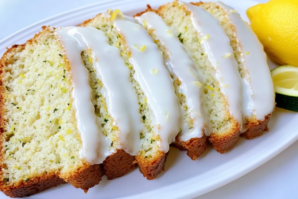Four glazed slices of zucchini lemon bread healthy on a white platter, with lemon and zucchini beside it.