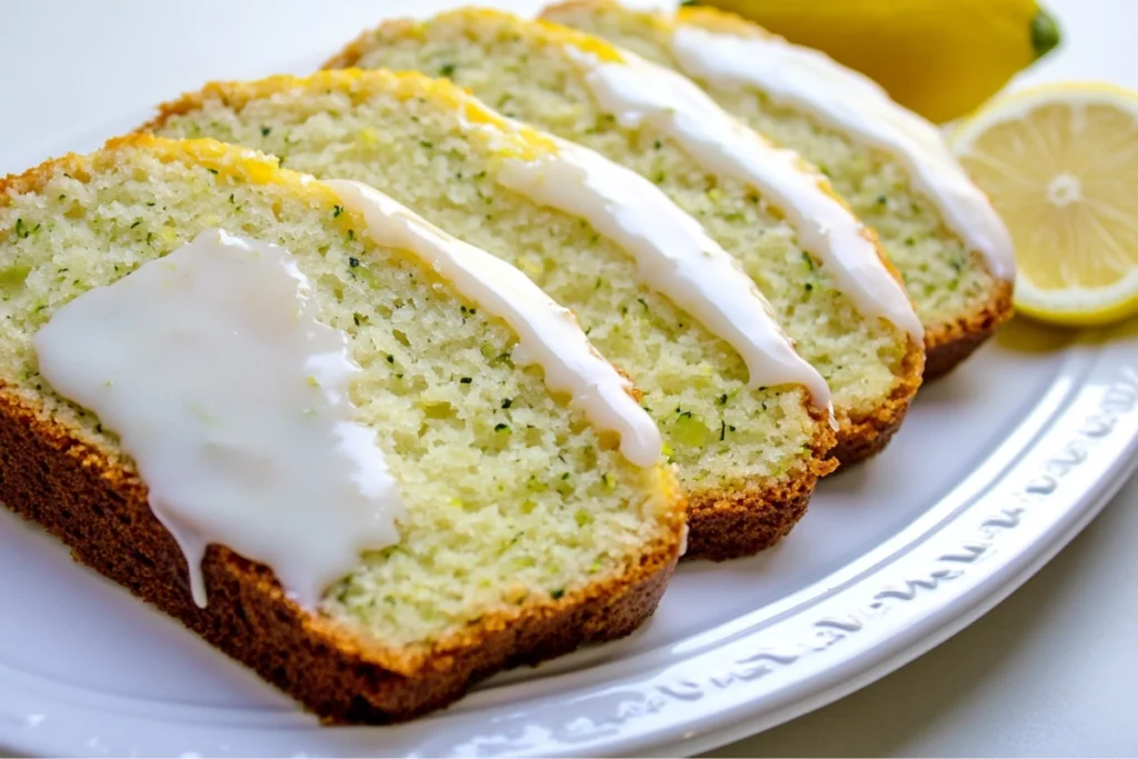 Glazed slices of healthy zucchini lemon bread on a white platter, showcasing moist texture and lemon.