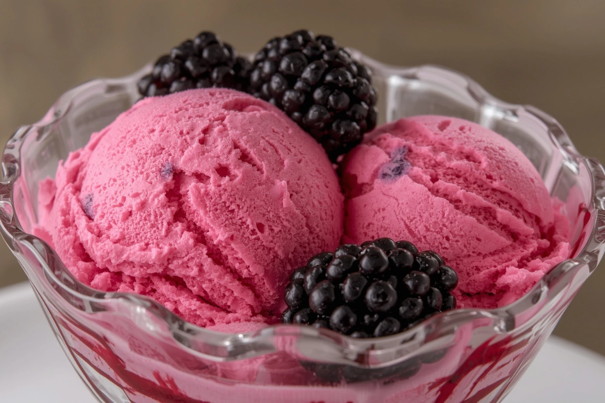 Two scoops of luscious raspberry ice cream in a glass bowl with fresh blackberries, ready to enjoy.