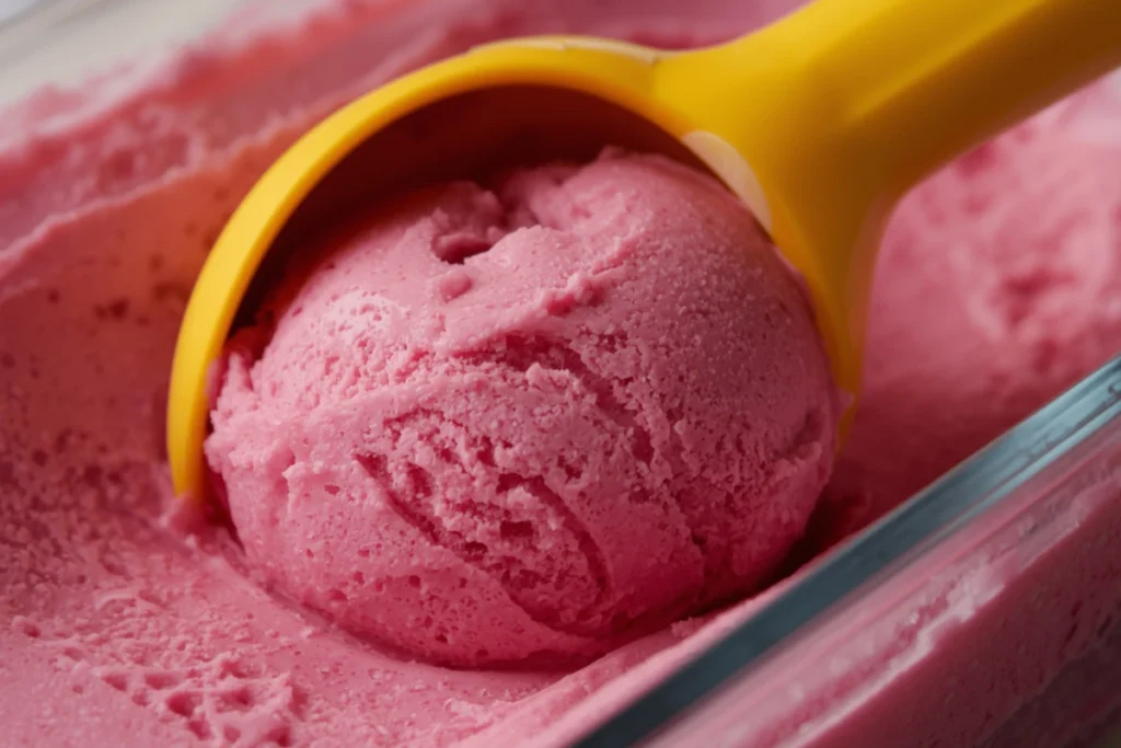Close-up of an ice cream scoop digging into creamy homemade raspberry ice cream recipe, showing texture.