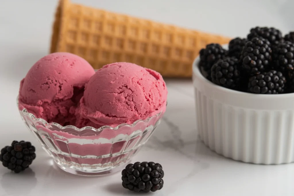 Two scoops of raspberry ice cream, waffle cone, and a bowl of fresh blackberries on marble.
