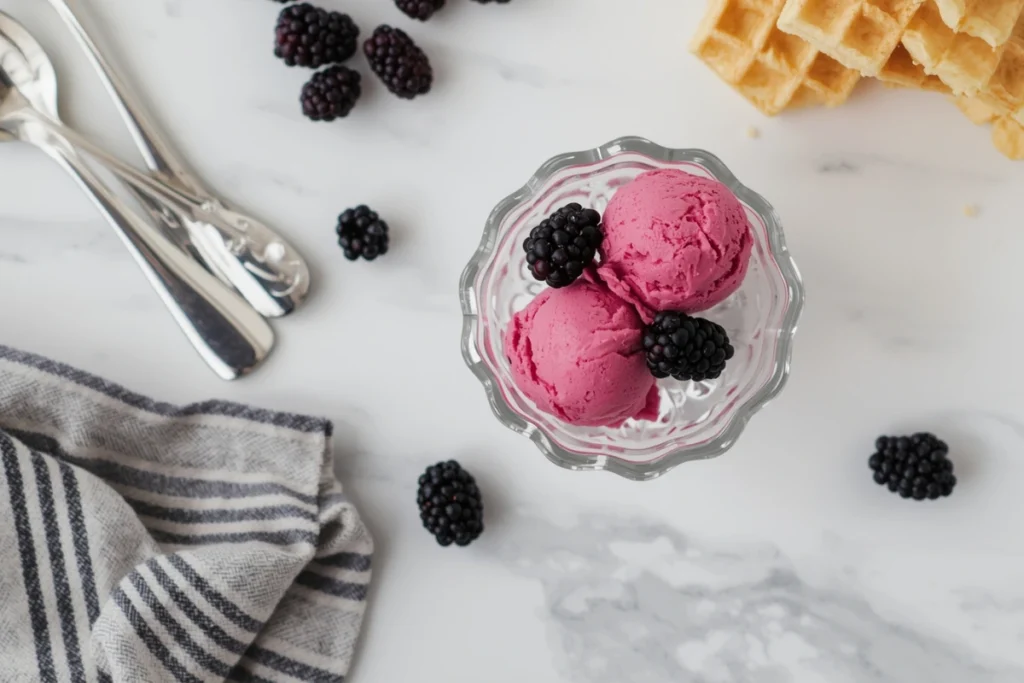 Overhead view of raspberry ice cream with blackberries, spoons, waffle cones on white marble.