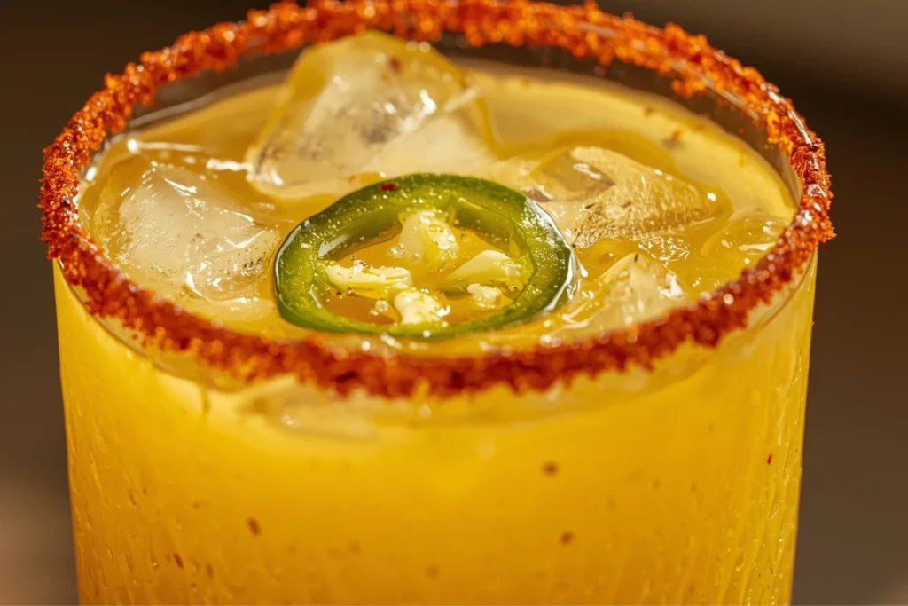 A vibrant spicy mango margarita with a chili-lime rim and a jalapeño slice, full of ice.
