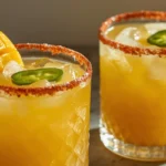 Two spicy mango margaritas, one with mango garnish, both with chili-lime rims and jalapeño.