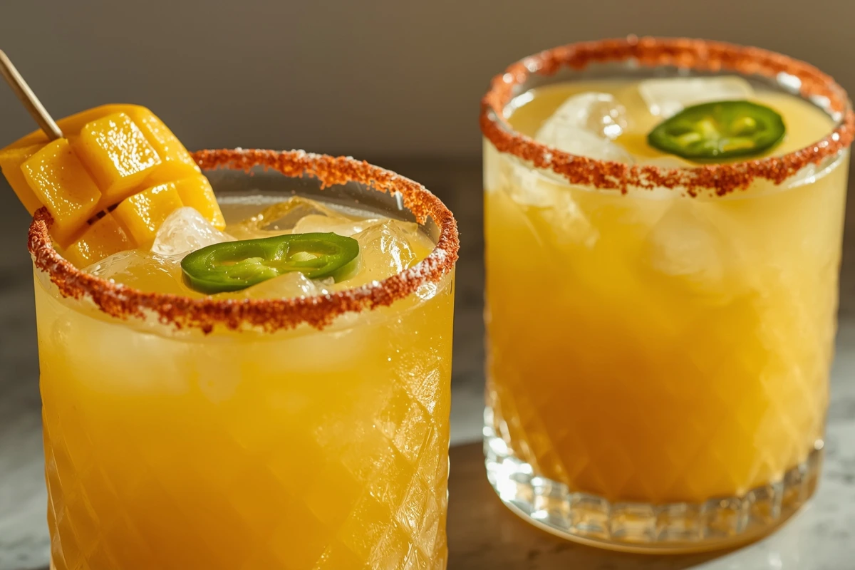 Two spicy mango margaritas, one with mango garnish, both with chili-lime rims and jalapeño.