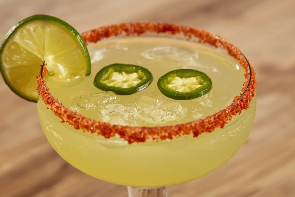 Vibrant close-up of a Spicy Jalapeño Margarita, rimmed with Tajín, garnished with lime and jalapeño slices.
