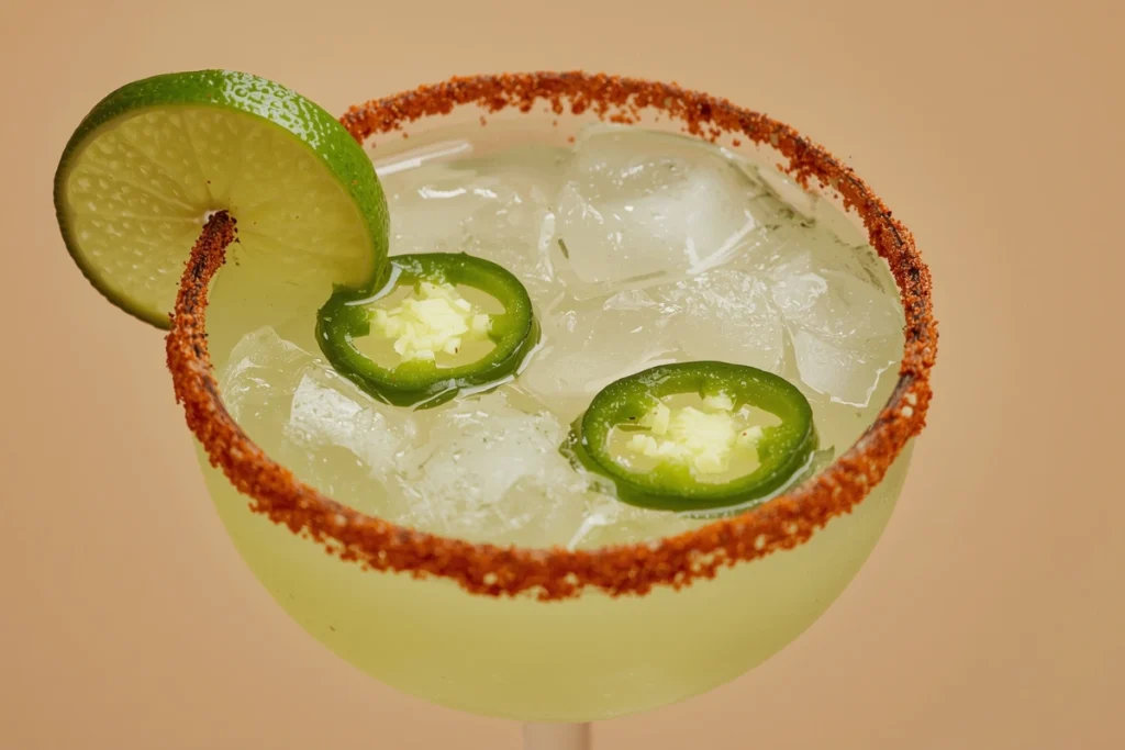 Refreshing Spicy Jalapeño Margarita with prominent jalapeño slices, lime, and a spicy Tajín rim.