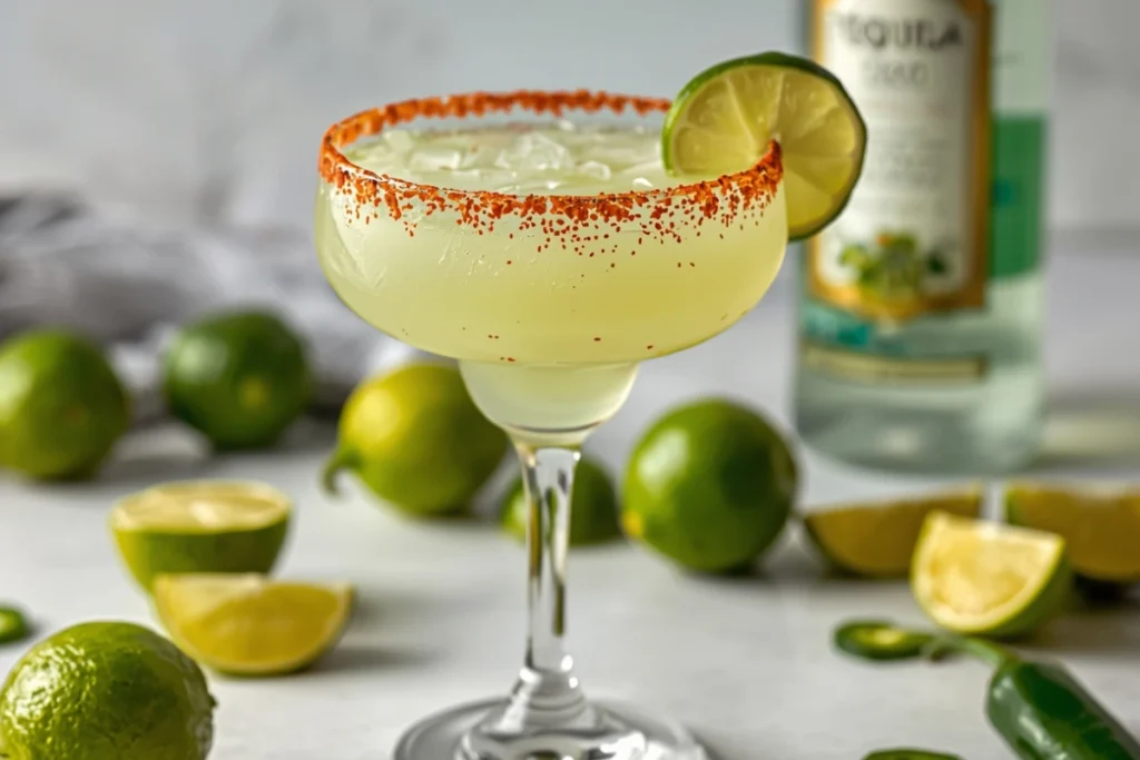 Complete setup for a Spicy Jalapeño Margarita, with fresh limes, jalapeños, and tequila bottle.