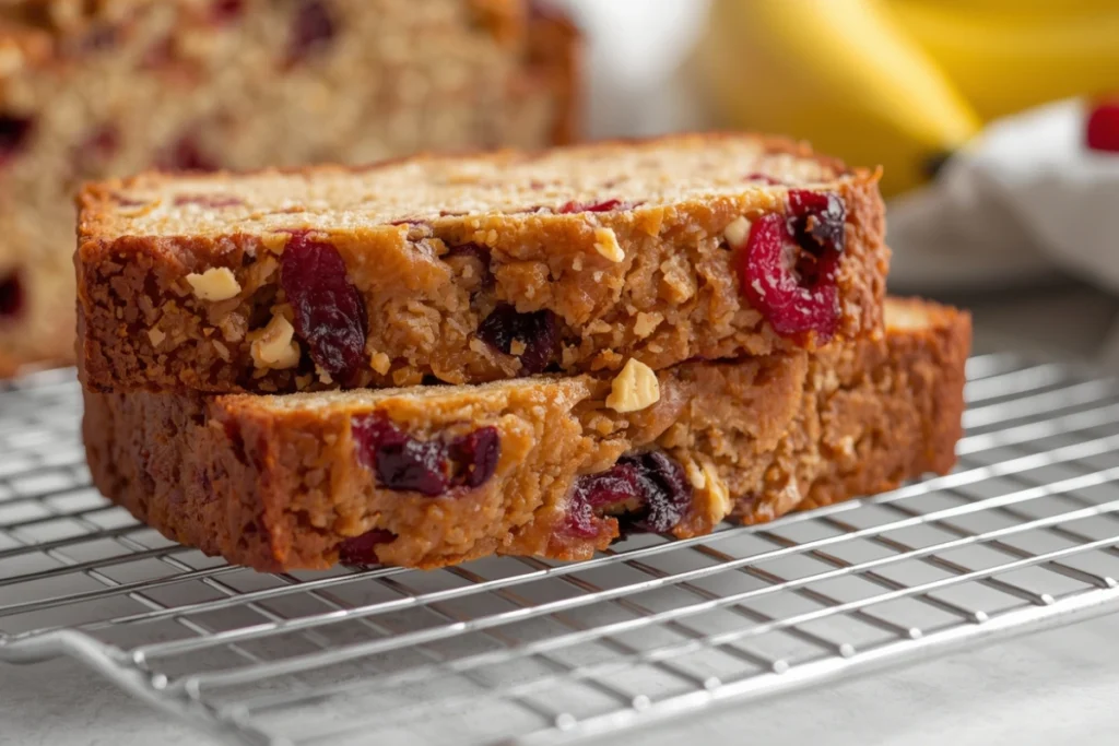 Two stacked slices of moist banana cranberry bread with cranberries and nuts on a cooling rack.