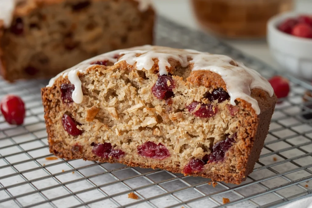 Glazed slice of banana cranberry bread with white drizzle, cranberries, and nuts on a wire rack.
