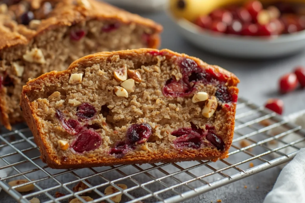 A thick slice of moist banana cranberry bread with vibrant cranberries and nuts on a wire rack.
