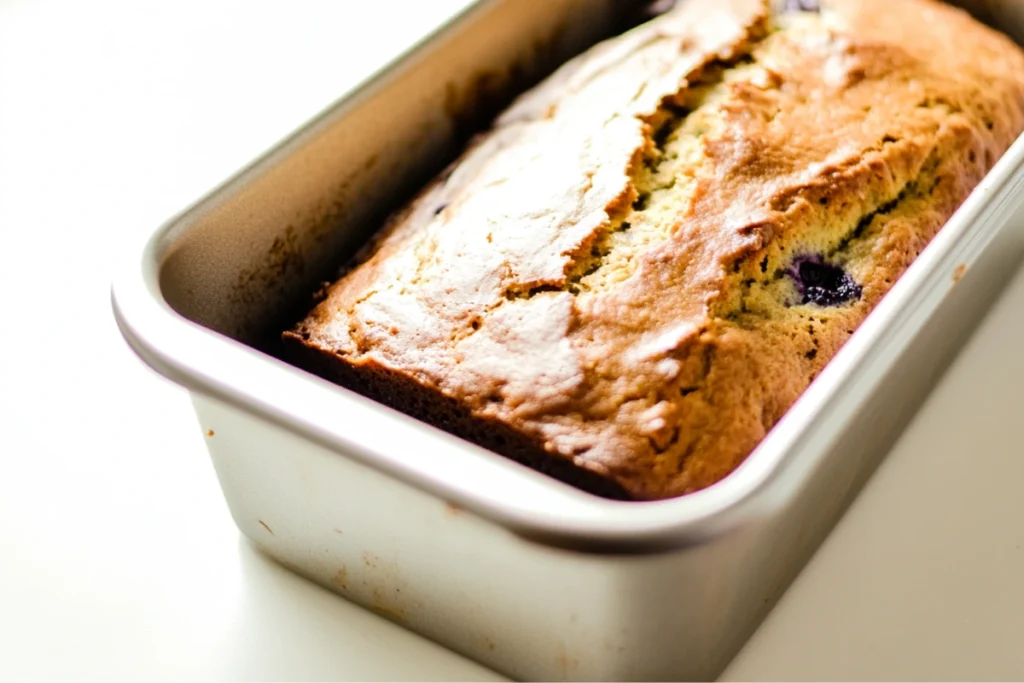 Freshly baked golden blueberry zucchini bread in a silver loaf pan.