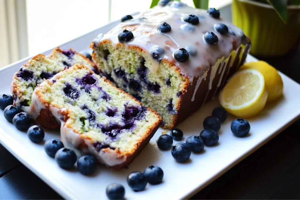 Delicious blueberry zucchini bread slices, glazed and surrounded by fresh blueberries.