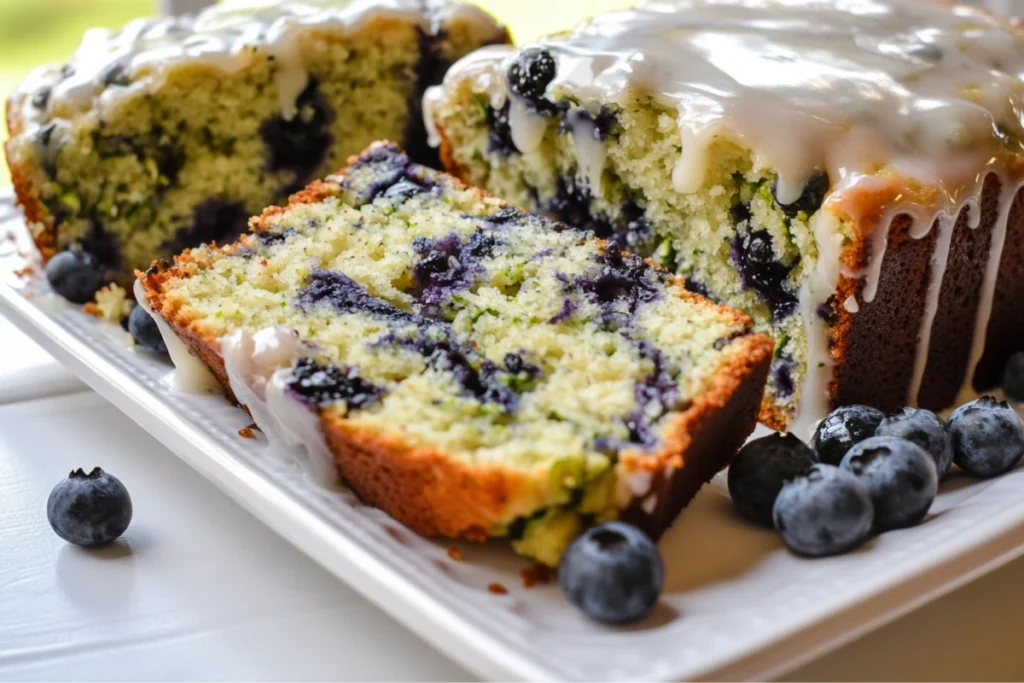 Close-up of a moist slice of blueberry zucchini bread with glaze.