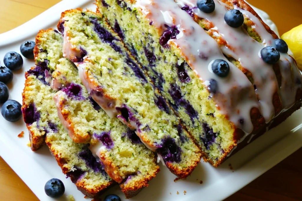 Sliced blueberry zucchini bread with lemon glaze and fresh blueberries, ready to enjoy.
