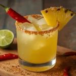 Close-up of a spicy pineapple margarita in a chili-rimmed glass, garnished with chili and pineapple wedge.
