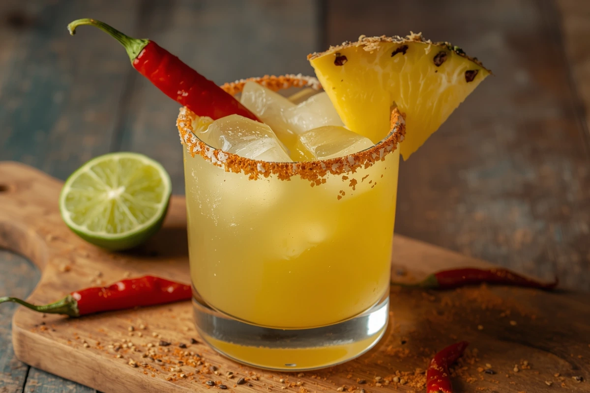 Close-up of a spicy pineapple margarita in a chili-rimmed glass, garnished with chili and pineapple wedge.