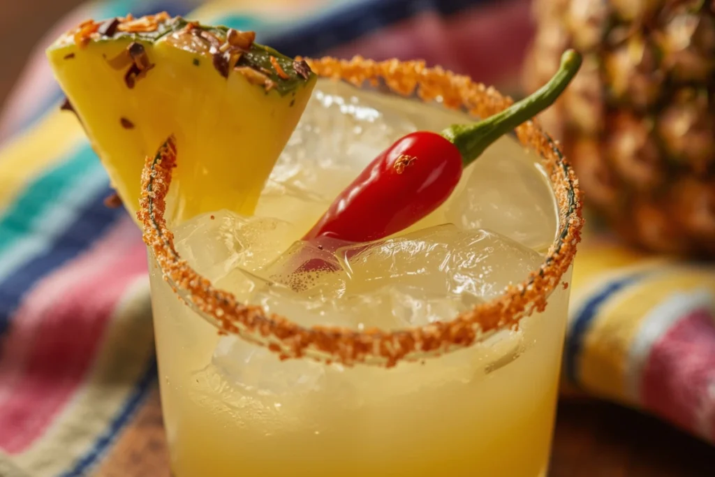 Close-up of a spicy pineapple margarita showing the detailed chili-lime rim and red chili garnish.