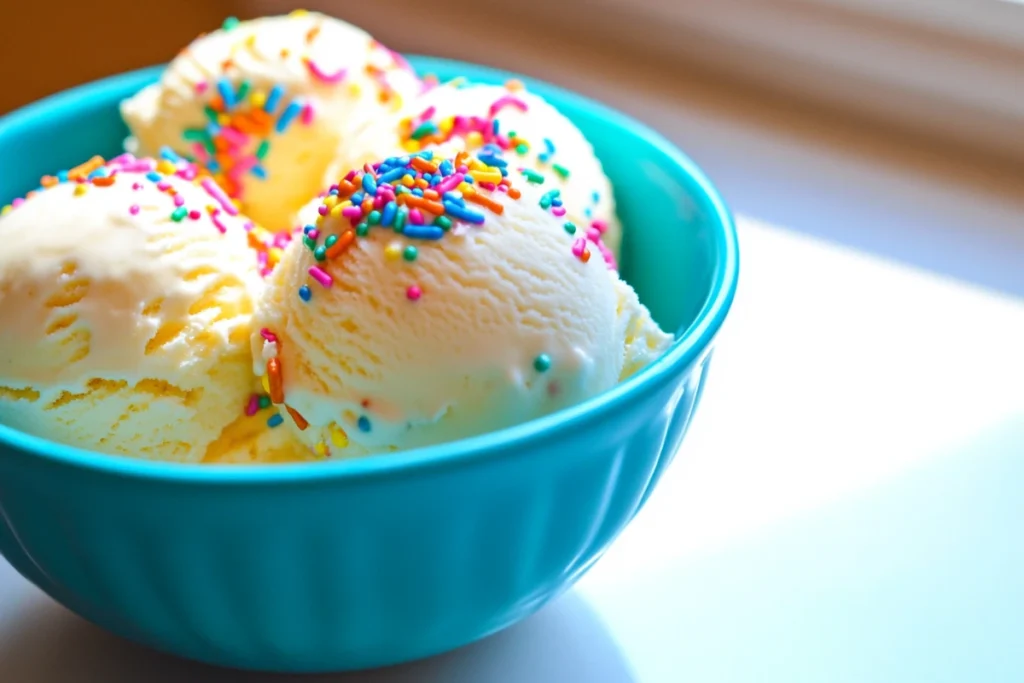 Four scoops of cake batter ice cream with sprinkles in a blue bowl, waffle cones in background.