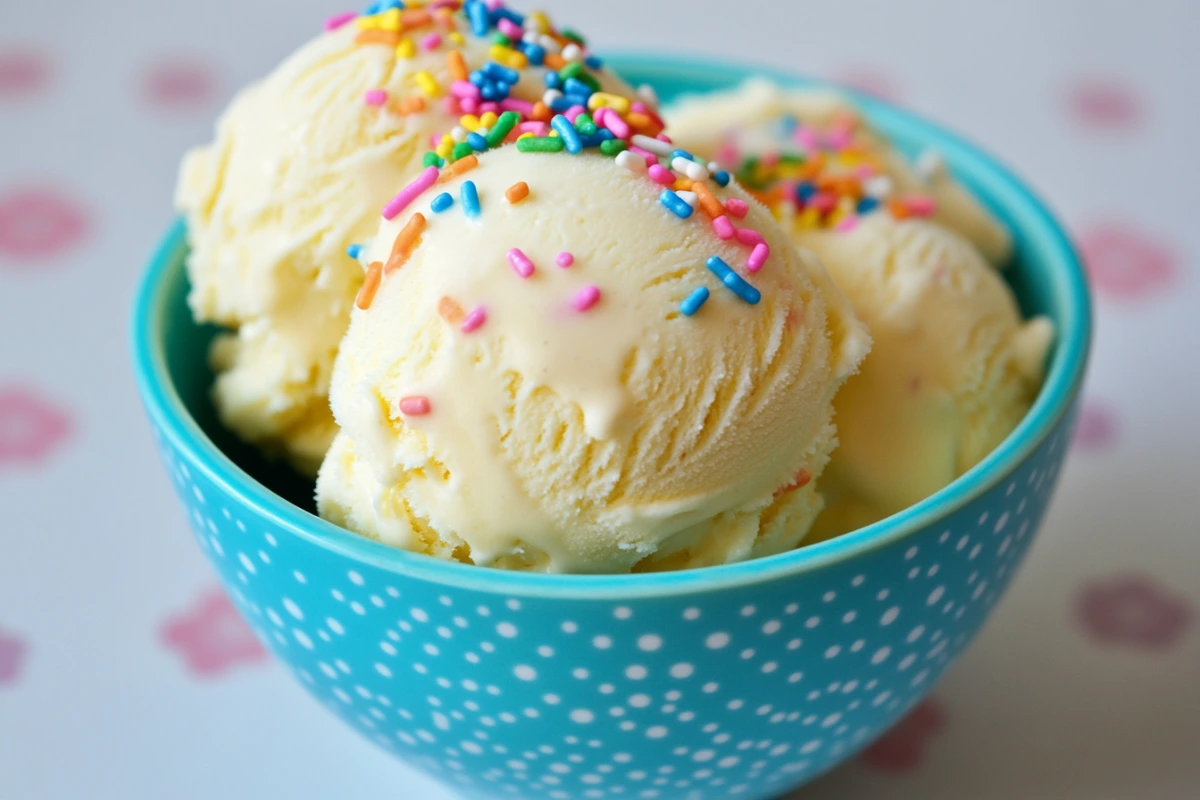 Three scoops of cake batter ice cream with rainbow sprinkles in a blue bowl, waffle cone behind.
