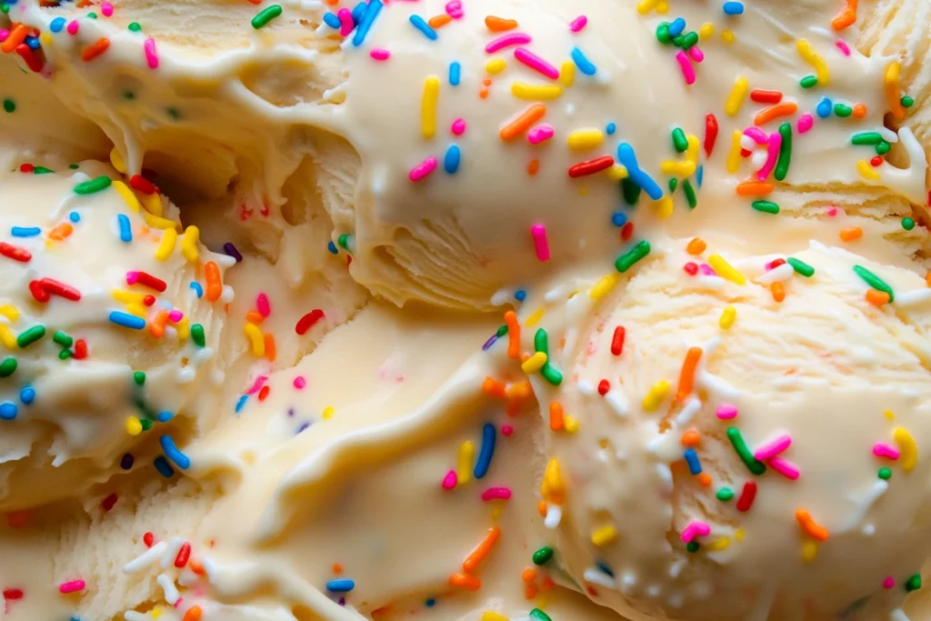 Close-up of melting cake batter ice cream with colorful rainbow sprinkles.