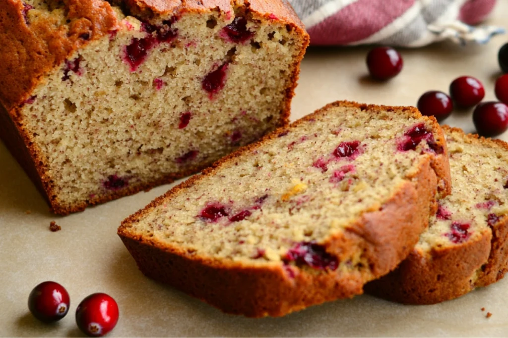 Golden-brown cranberry orange banana bread loaf with two slices, showing cranberries and moist texture.