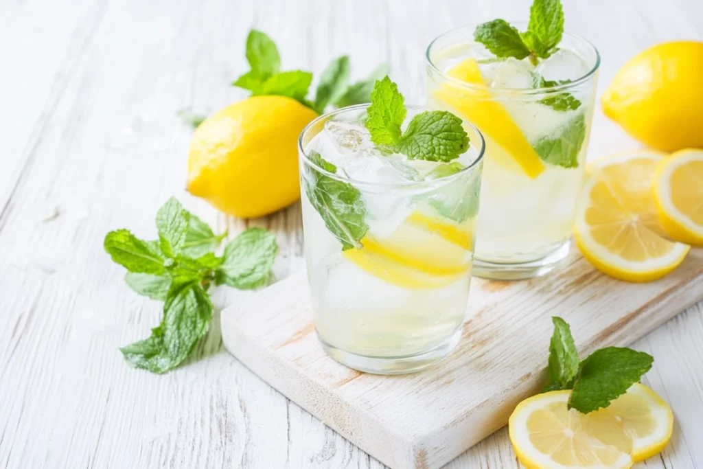 Two refreshing glasses of homemade mint lemonade with lemon slices and mint on a wooden board, highlighting the perfect recipe of mint lemonade.
