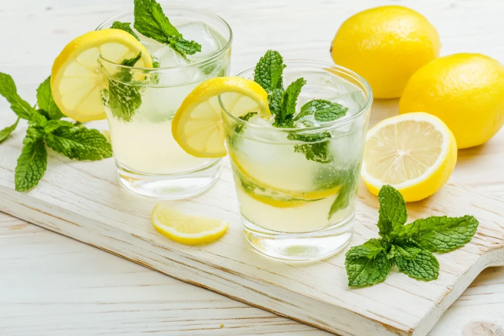 Two glasses and a pitcher of homemade mint lemonade, garnished with lemons and mint, ready to serve from this amazing recipe of mint lemonade.
