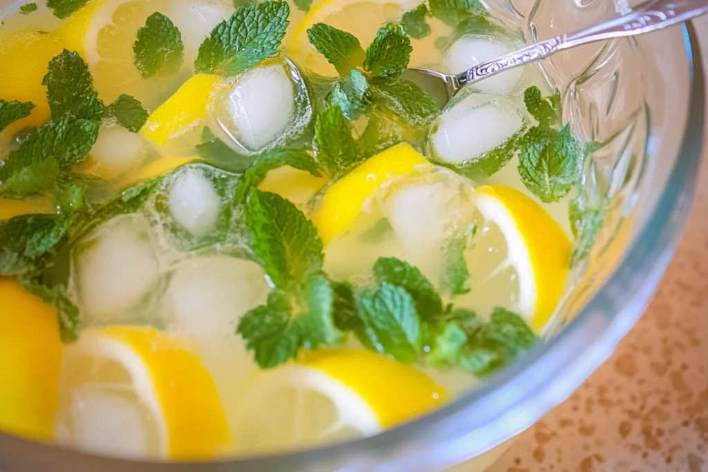 Close-up of a large glass bowl brimming with mint lemonade, showcasing fresh lemon slices and mint leaves, central to the recipe of mint lemonade.