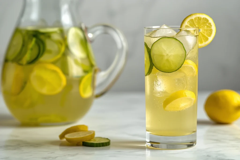 Tall glass of cucumber lemonade with ice, lemon, and cucumber slices, pitcher in background on marble surface.