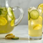 Tall glass of cucumber lemonade with ice, lemon, and cucumber slices, pitcher in background on marble surface.