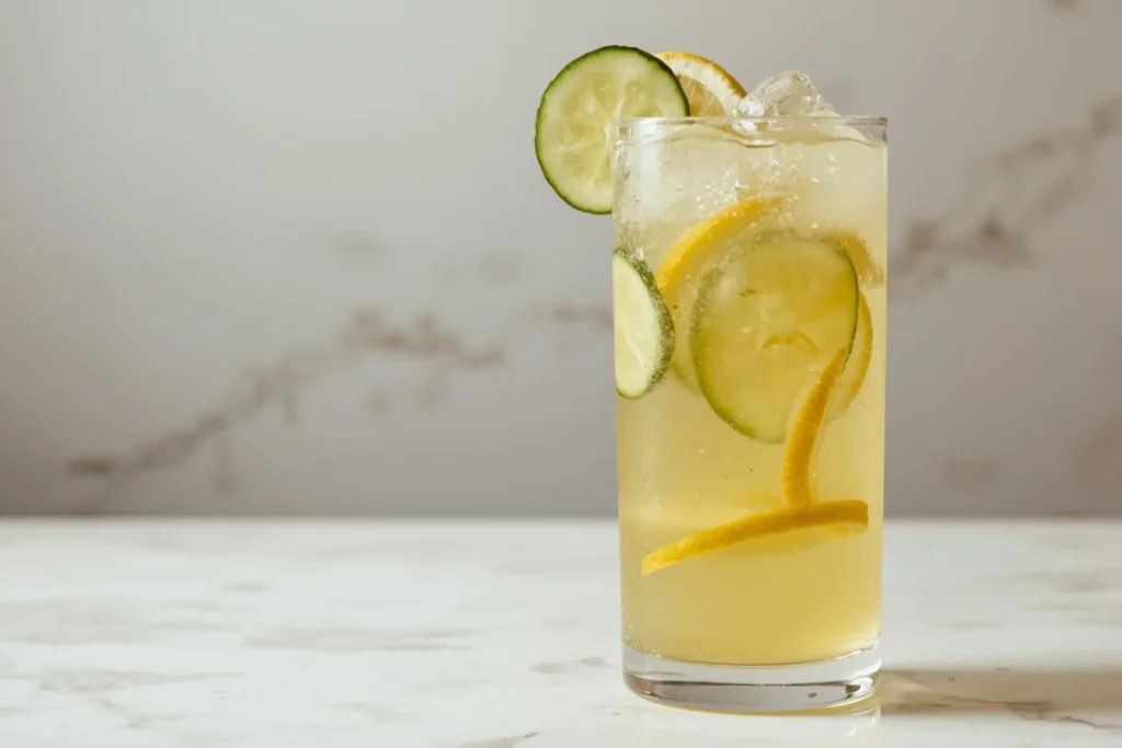 A homemade photo of a tall, clear glass filled with refreshing yellow-green cucumber lemonade