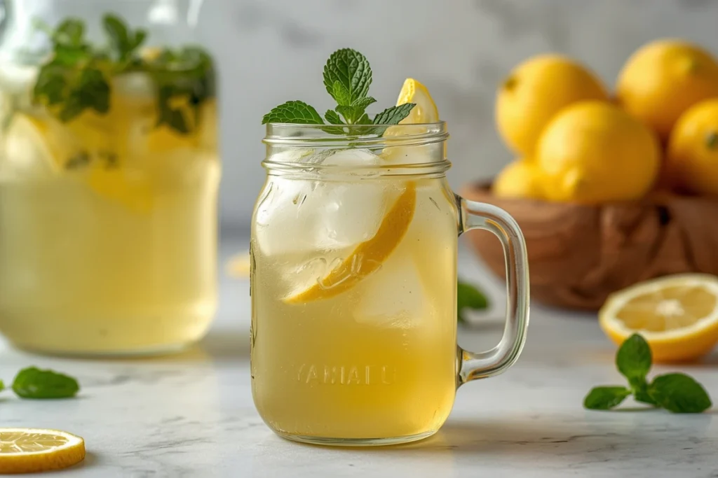 Refreshing honey lemonade recipe in a glass with mint and lemon, pitcher of delicious homemade lemonade behind.